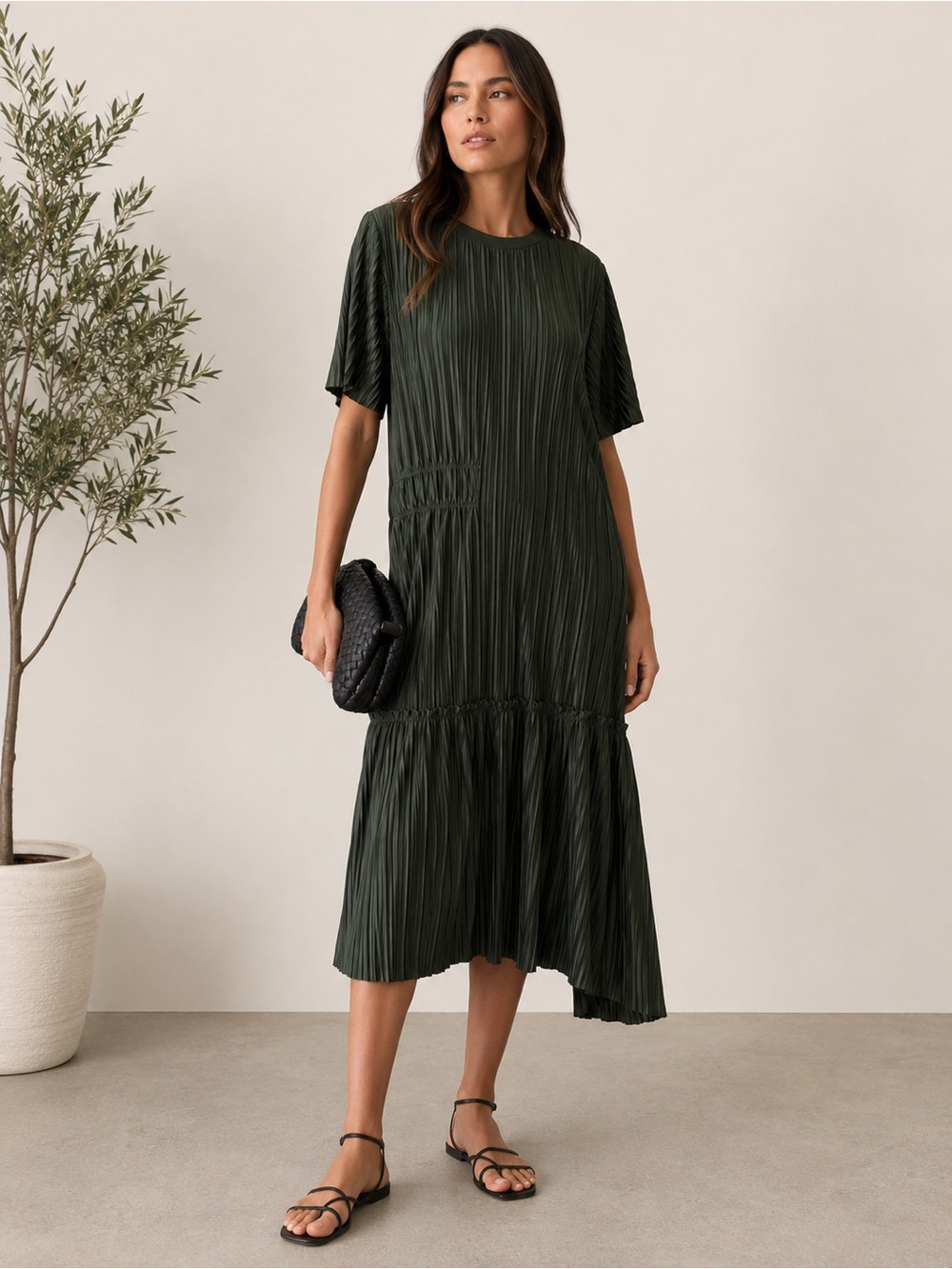 Zara Pleated Midi Dress NWT – Dark Olive Green – Size Medium